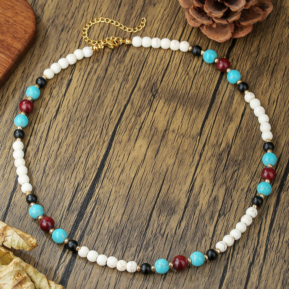 Bohemian Geometric Wood and Turquoise Beaded Cable Chain Necklace for Unisex
