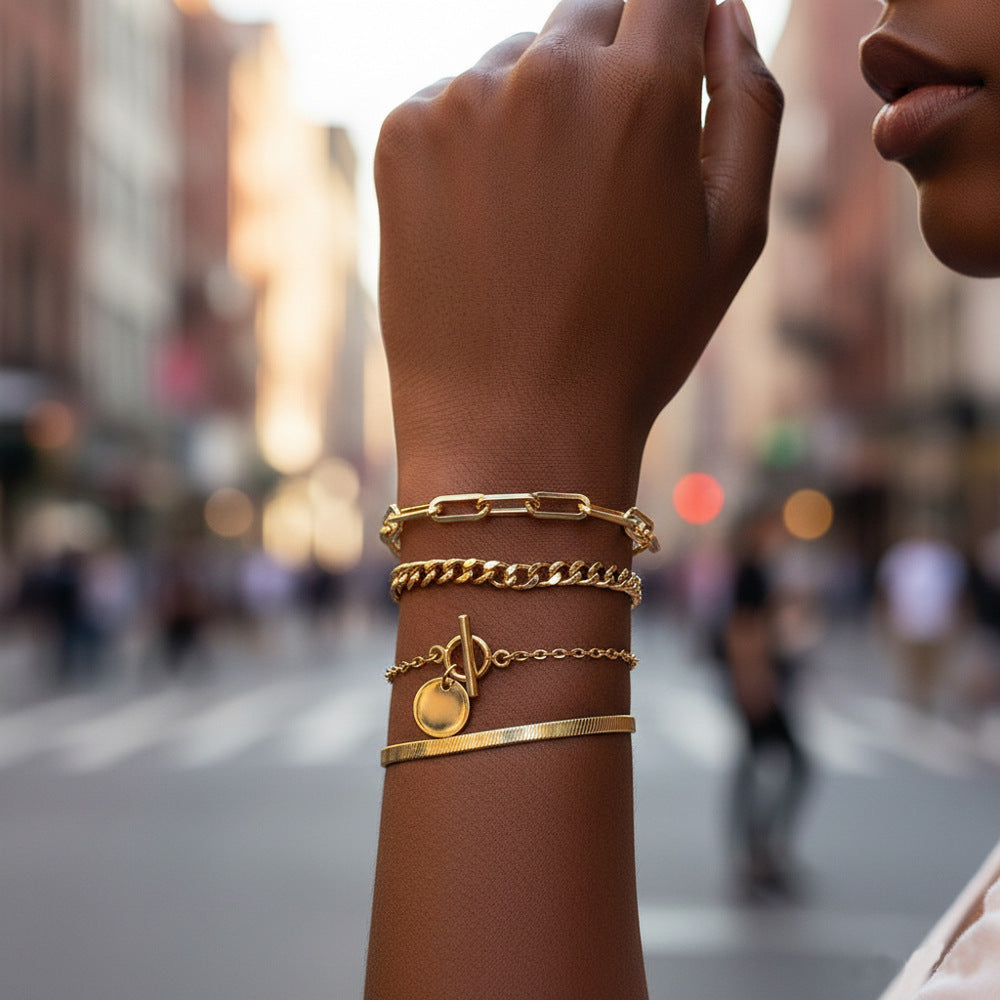 Vintage Hip-hop Snake Chain Alloy Bracelet Set with OT Clasp