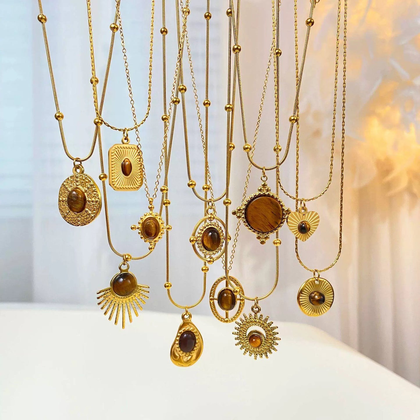Vintage Geometric Tiger's Eye Titanium Steel Necklace for Women