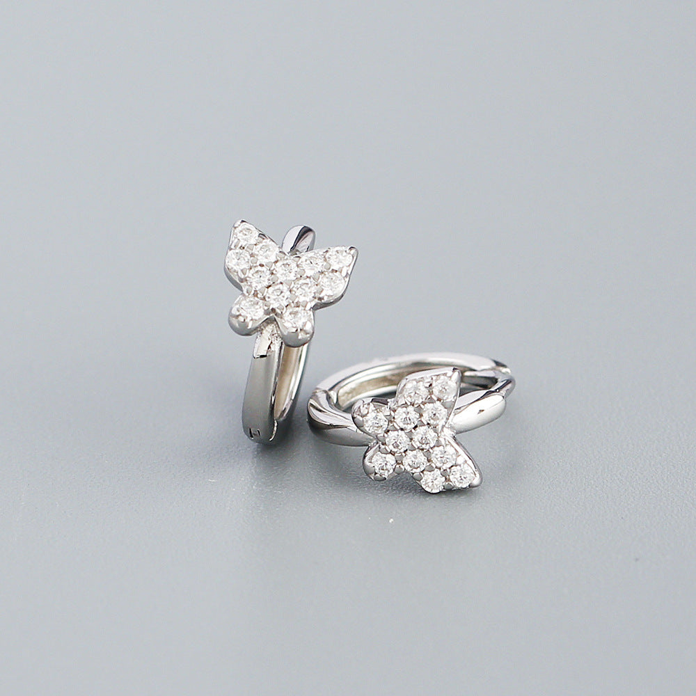 Sweet Minimalist Butterfly-Shaped S925 Sterling Silver Stud Earrings with Rhinestone Inlay