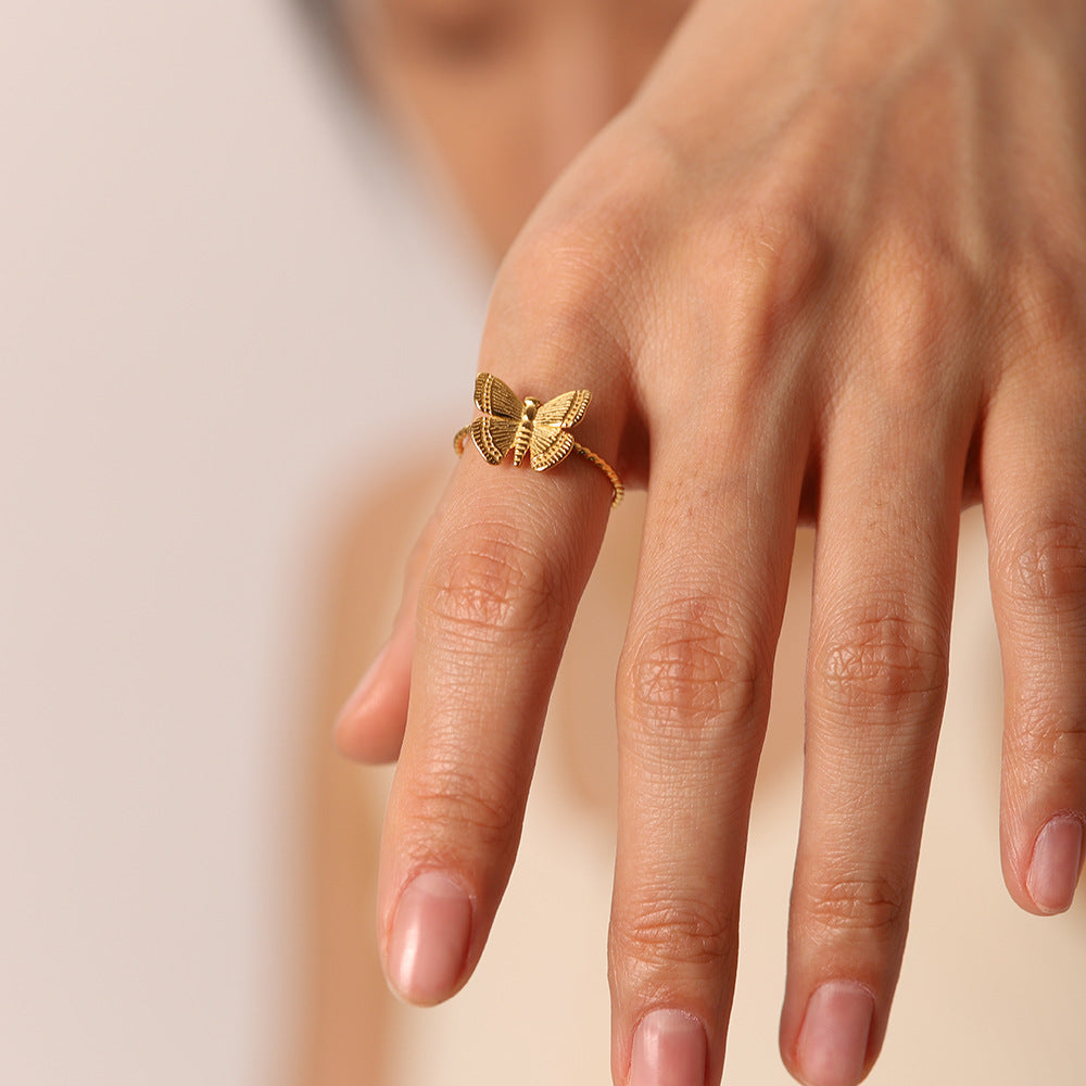 Butterfly Knot Adjustable Open Ring for Women in Stainless Steel with 18K Gold Plating