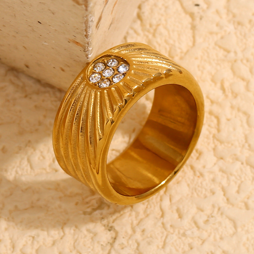 Minimalist Geometric Stainless Steel Ring with 18K Gold Plating and Round Zirconia for Women