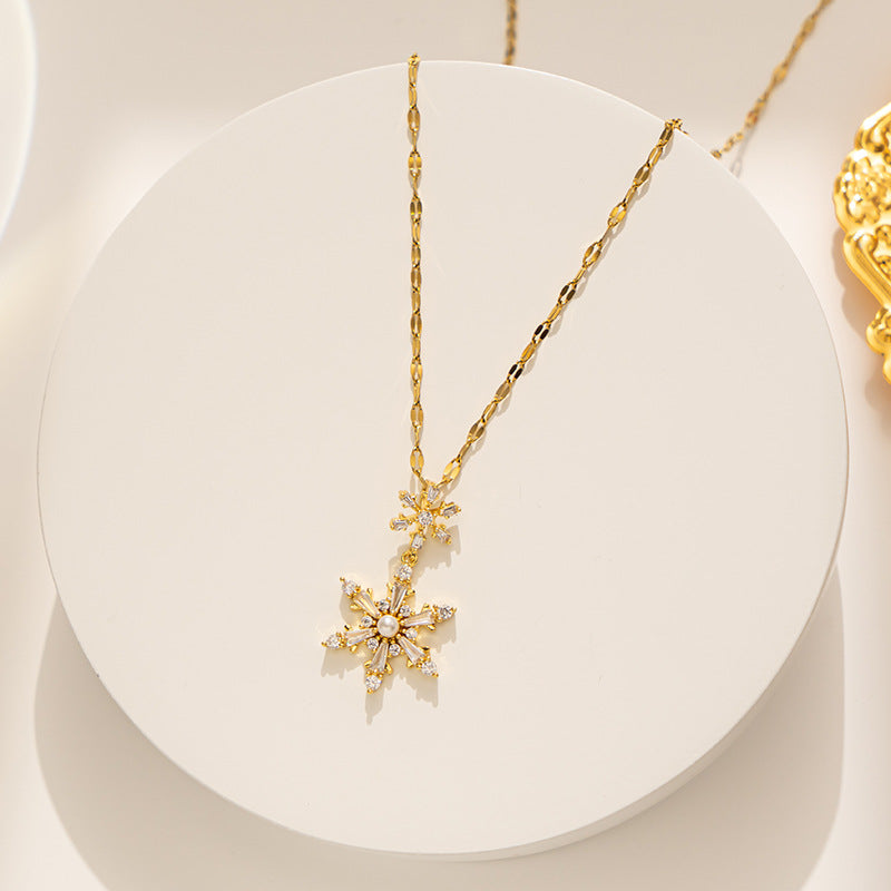 Minimalist Hexagram Pearl Snowflake Necklace in Titanium Steel with Gold Plating, Hypoallergenic Locket Chain for Women