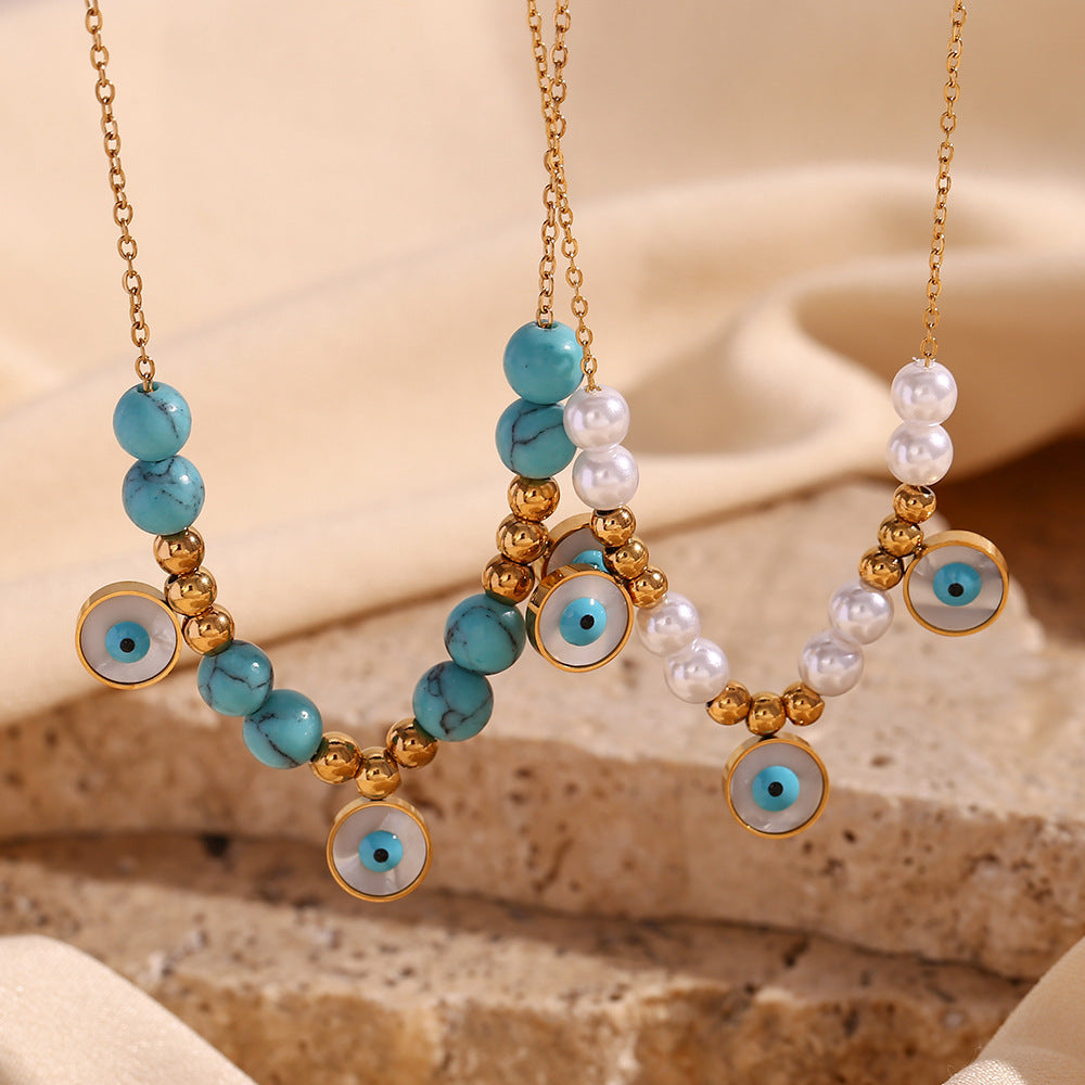 Fashionable French Vintage Pendant Necklace for Women with Geometric Blue Turquoise-Inlaid Round Eyes, Stainless Steel Base with 18K Gold Plating