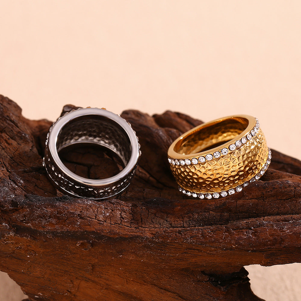 Anello da donna in acciaio inossidabile placcato oro 18 carati, stile vintage geometrico con strass bianchi
