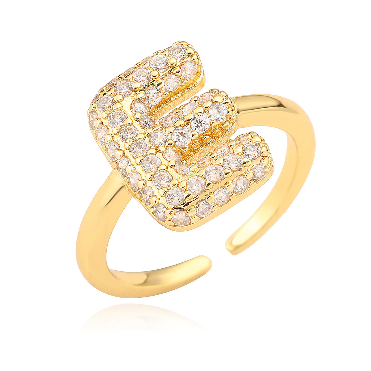 Anillo de cobre minimalista de forma geométrica con letras, chapado en oro de 18K y detalles de circonita para mujer