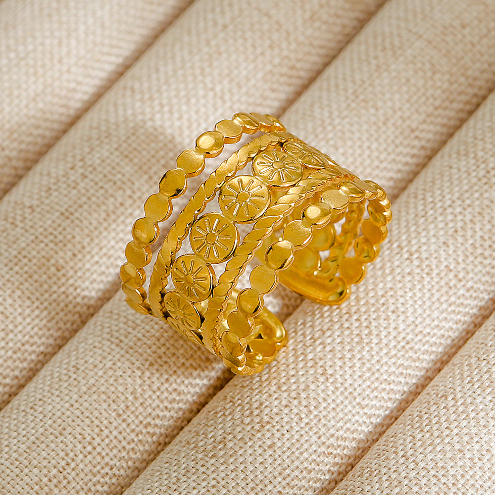 Vintage INS Style Stainless Steel Adjustable Ring with Natural Stone Inlay in Geometric Heart Zodiac and Animal Shapes