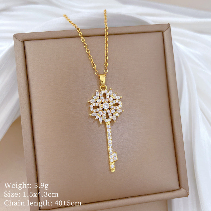 Sweet Minimalist Floral Geometric Rhinestone Pendant Titanium Steel Necklace for Unisex