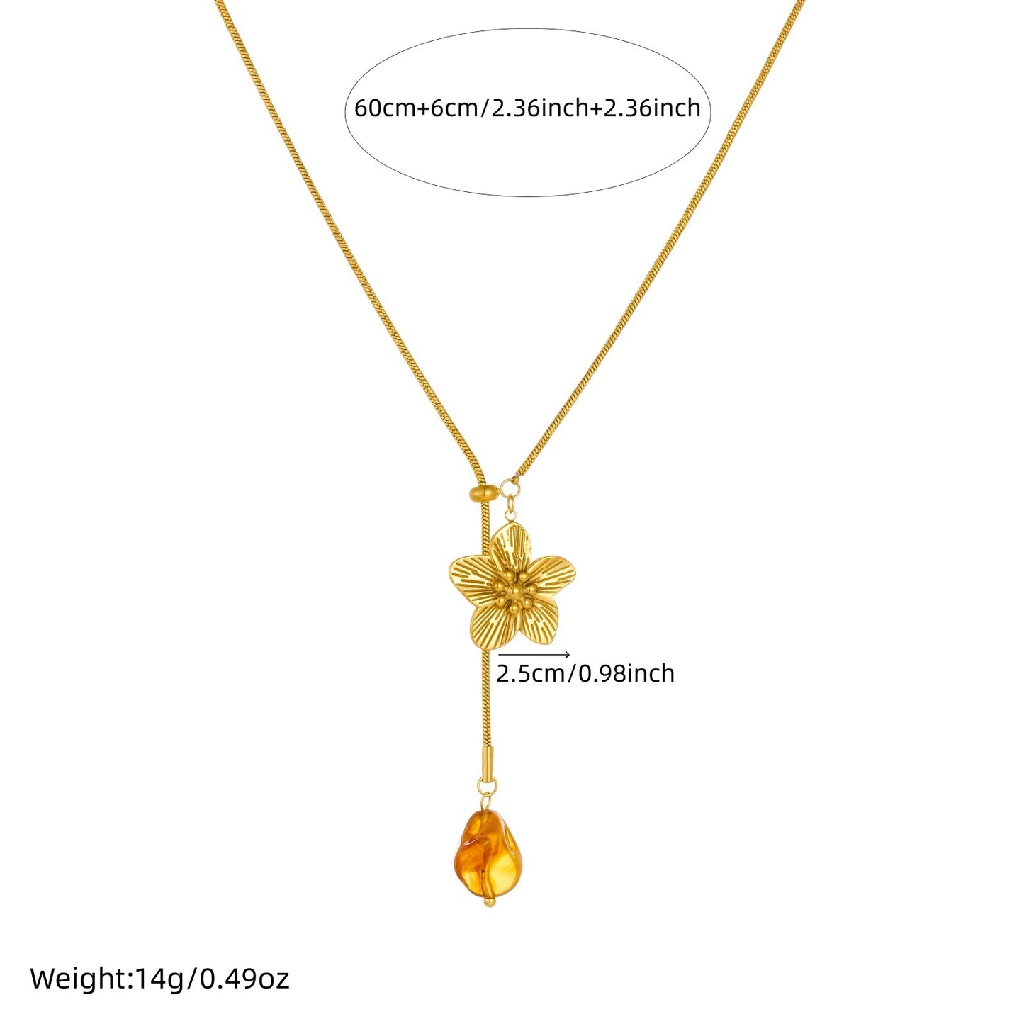 Vintage Gold Plated Geometric Camellia Flower Resin Pendant Stainless Steel Snake Chain Necklace for Women