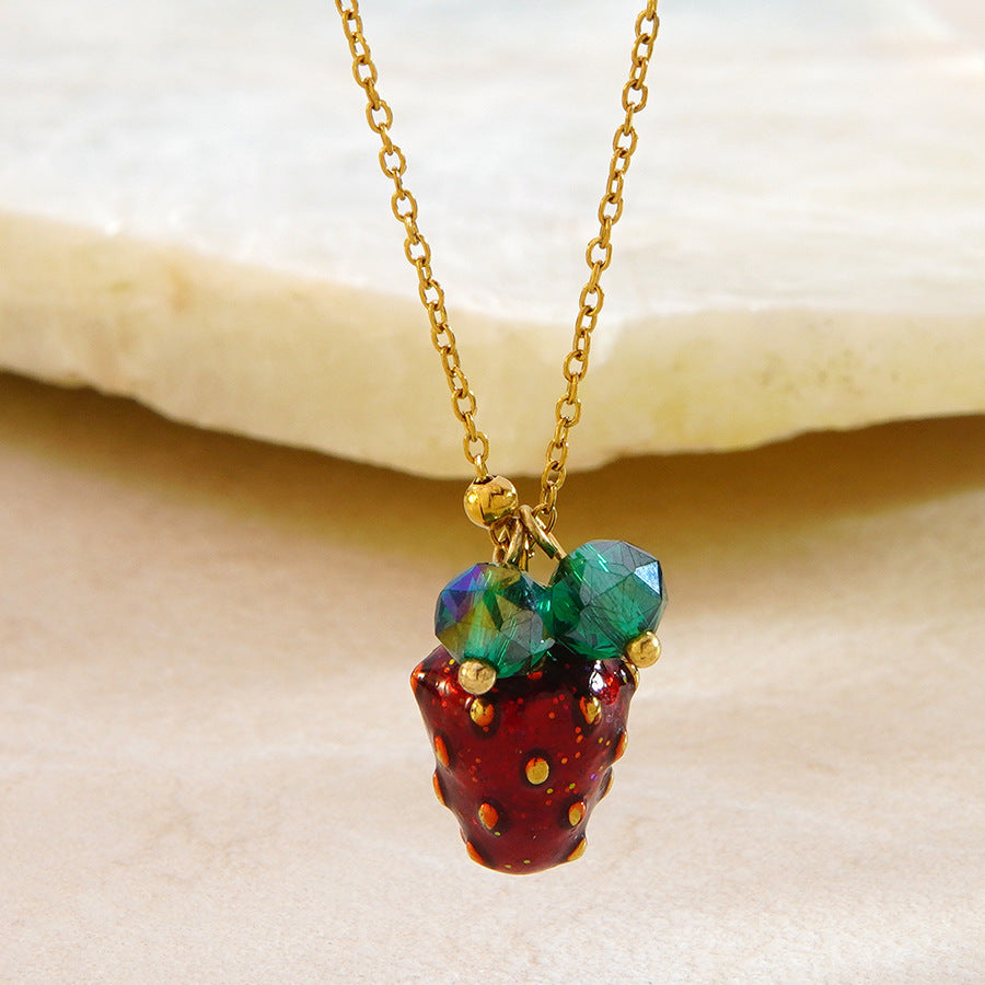 Sweet Geometric Round Stainless Steel Plated Strawberry Pendant Necklace Singapore Chain