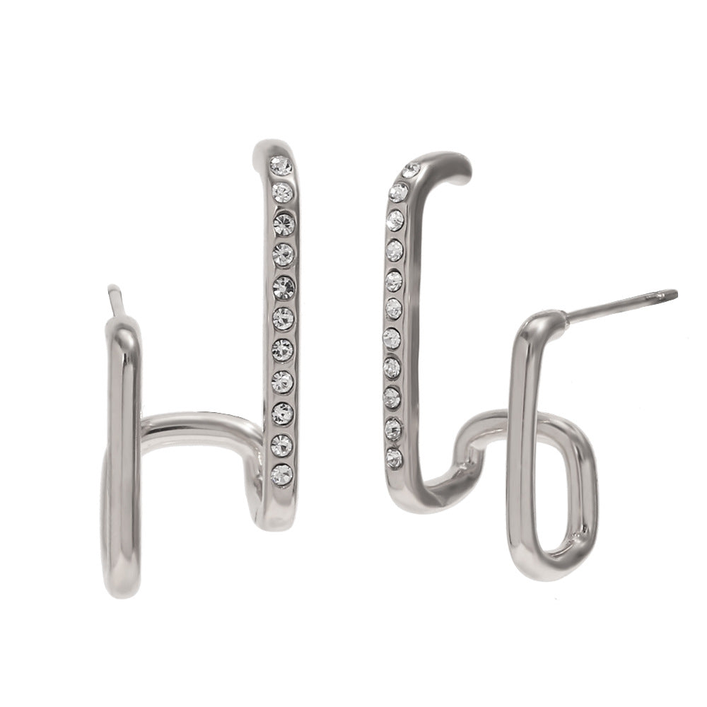 Minimalist Geometric Stainless Steel Earrings with 18K Gold Plating for Women Asymmetric Double-Layer Studs