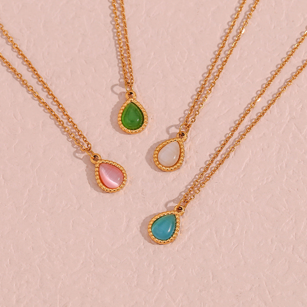 Minimalist Fashion Stainless Steel Teardrop Cat's Eye Pendant Necklace for Women with Plated Finish