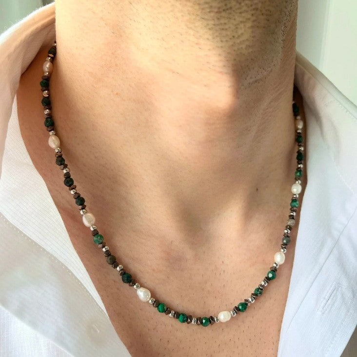 French Style Green Crystal Imitation Pearl Geometric Ball Chain Necklace for Unisex