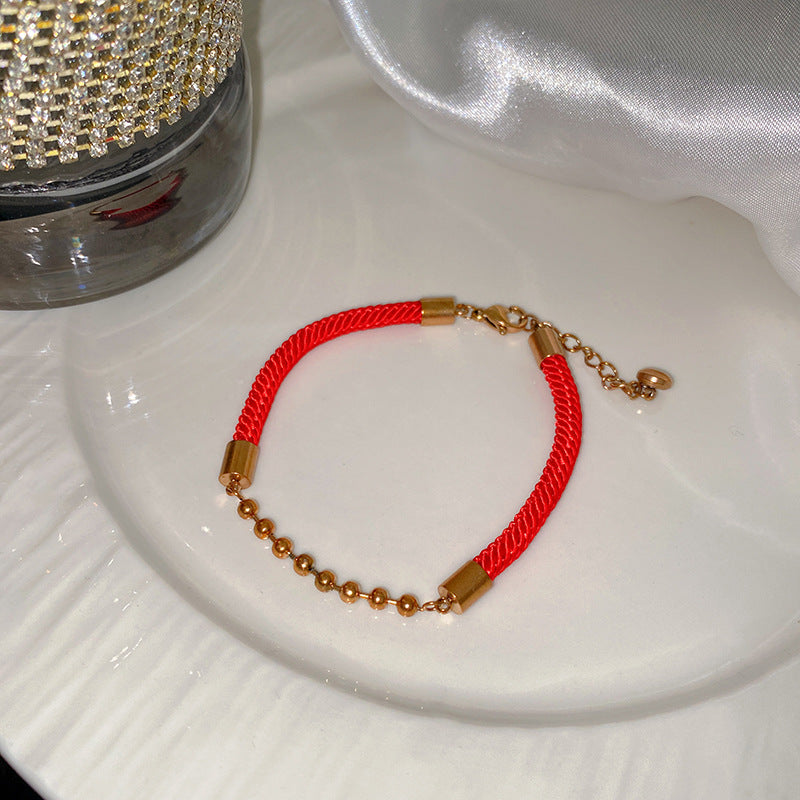Minimalist Sweet Round Titanium Steel Plated Bracelet with Red Cord