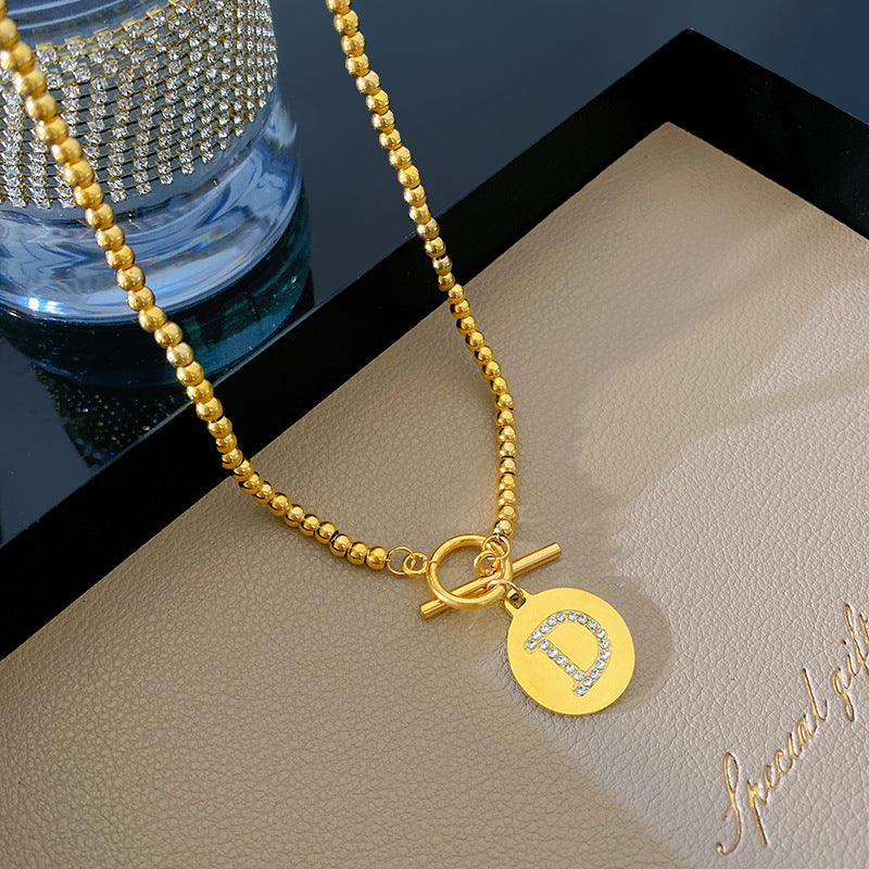 Vintage Rhinestone Inlaid Round Letter Geometric Titanium Steel Necklace with OT Clasp