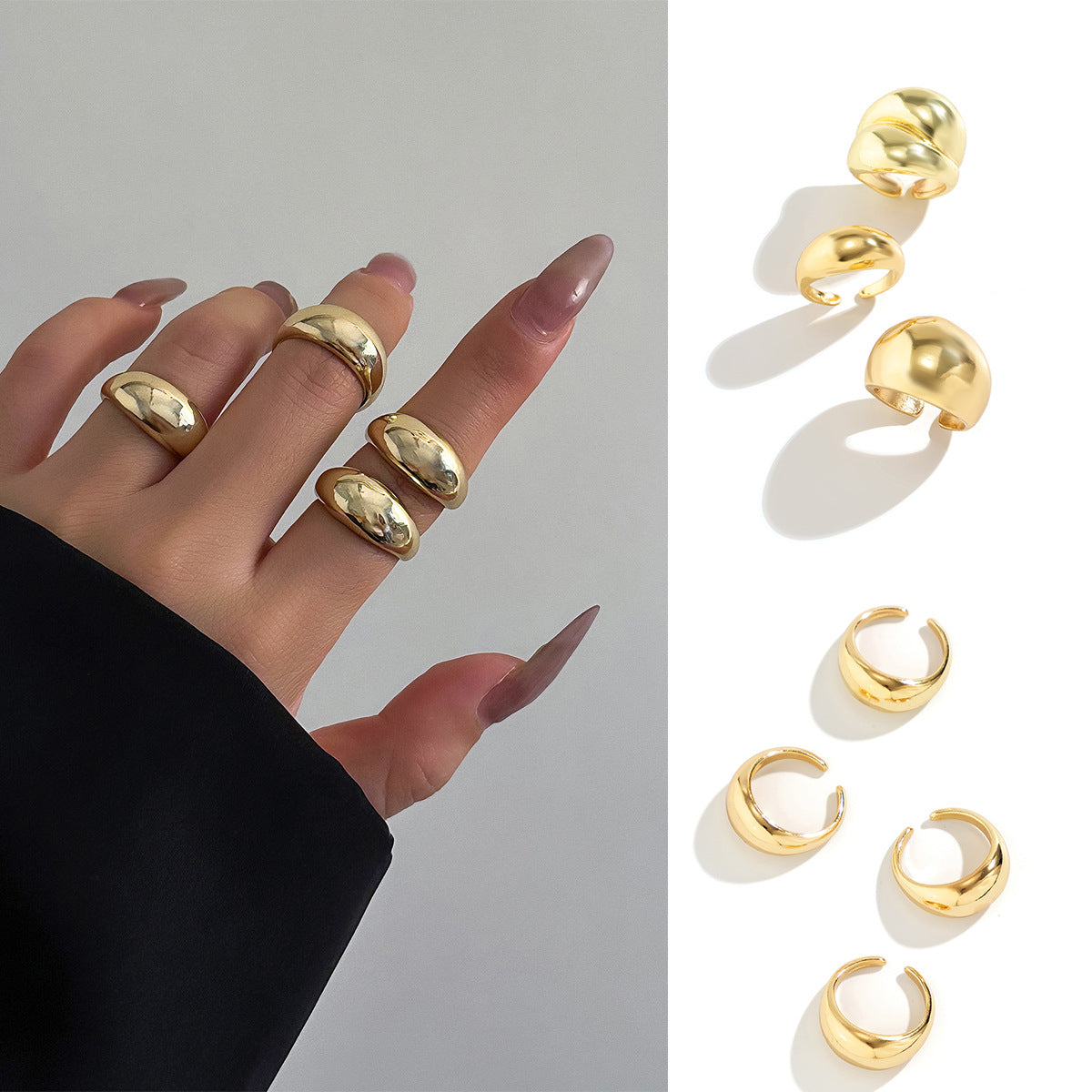Minimalist Geometric Polished Alloy Ring Set for Women with Smooth Rounded Open Band Design