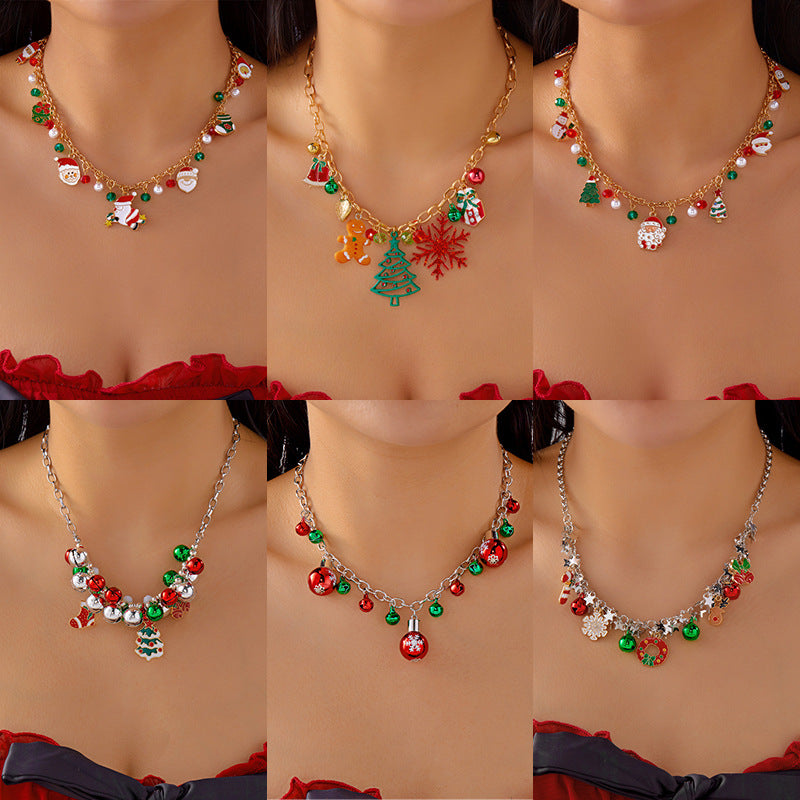 Fashion OL Style Cartoon Character Pendant Necklace Set with Snowflake and Christmas Bell Charms in Zinc Alloy with Plating Finish for Women