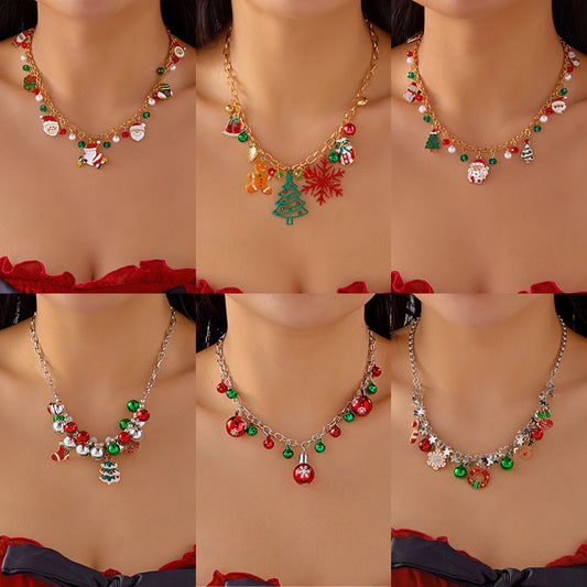 Fashion OL Style Cartoon Character Pendant Necklace Set with Snowflake and Christmas Bell Charms in Zinc Alloy with Plating Finish for Women