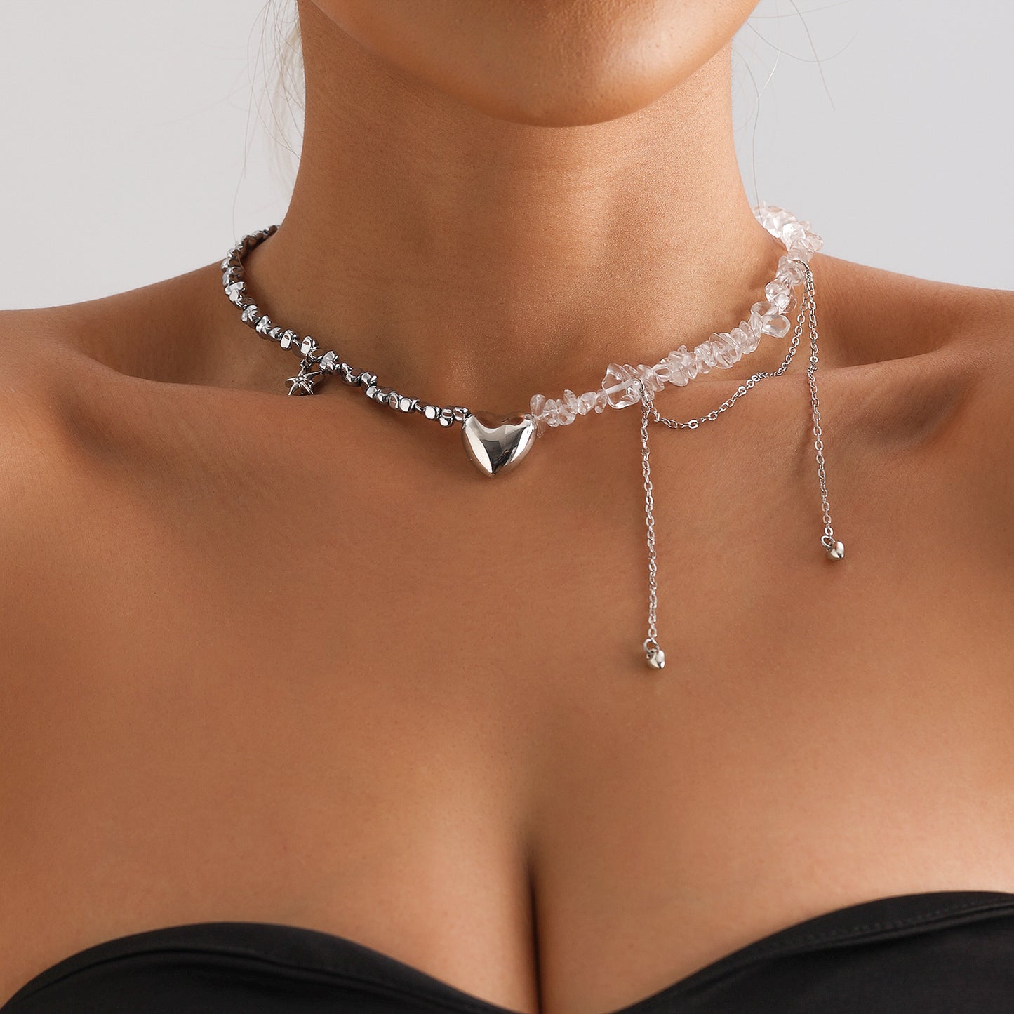 Minimalist Heart-Shaped Alloy Pendant Necklace with Star and Tassel Accents, Black Obsidian Inlay, Gold-Plated Clavicle Chain for Women