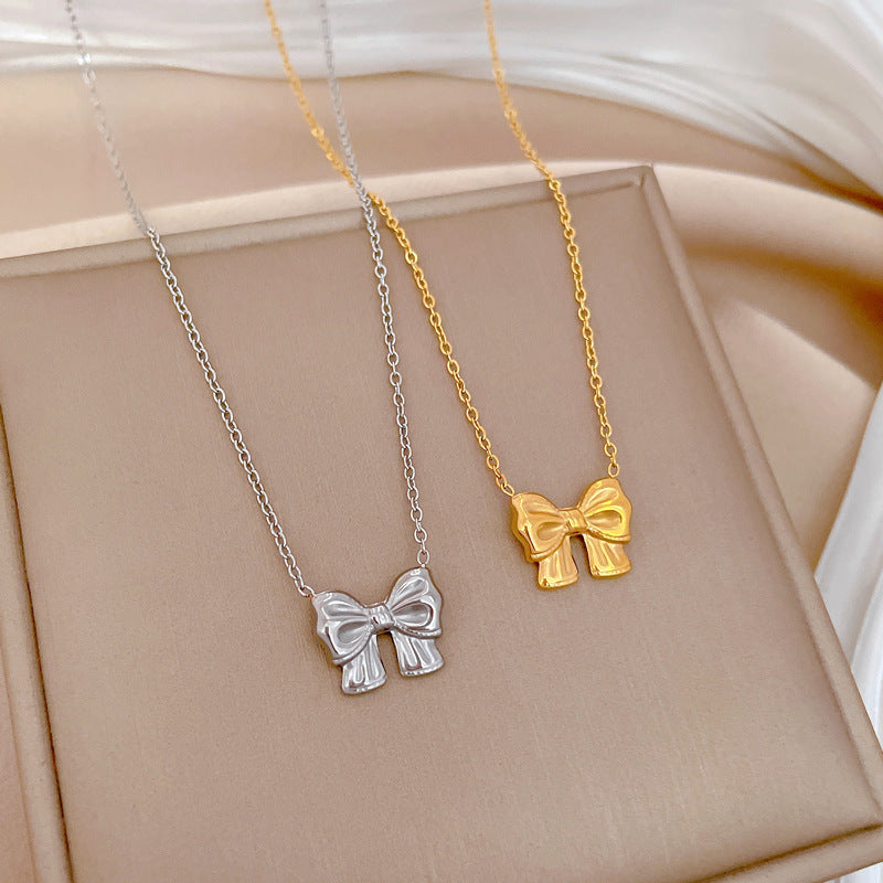 Minimalist Butterfly Knot Titanium Steel Necklace for Women with Gold Plating and Geometric Design Locket Chain