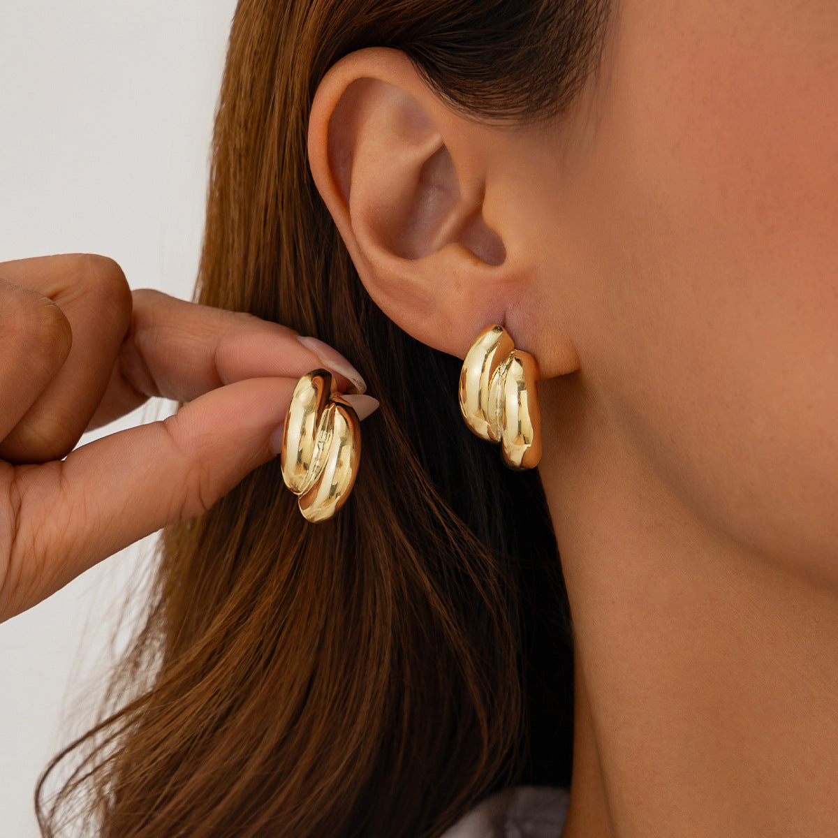 Minimalist Geometric Alloy Stud Earrings for Women with Polished Finish and C-Shaped Hoop Design