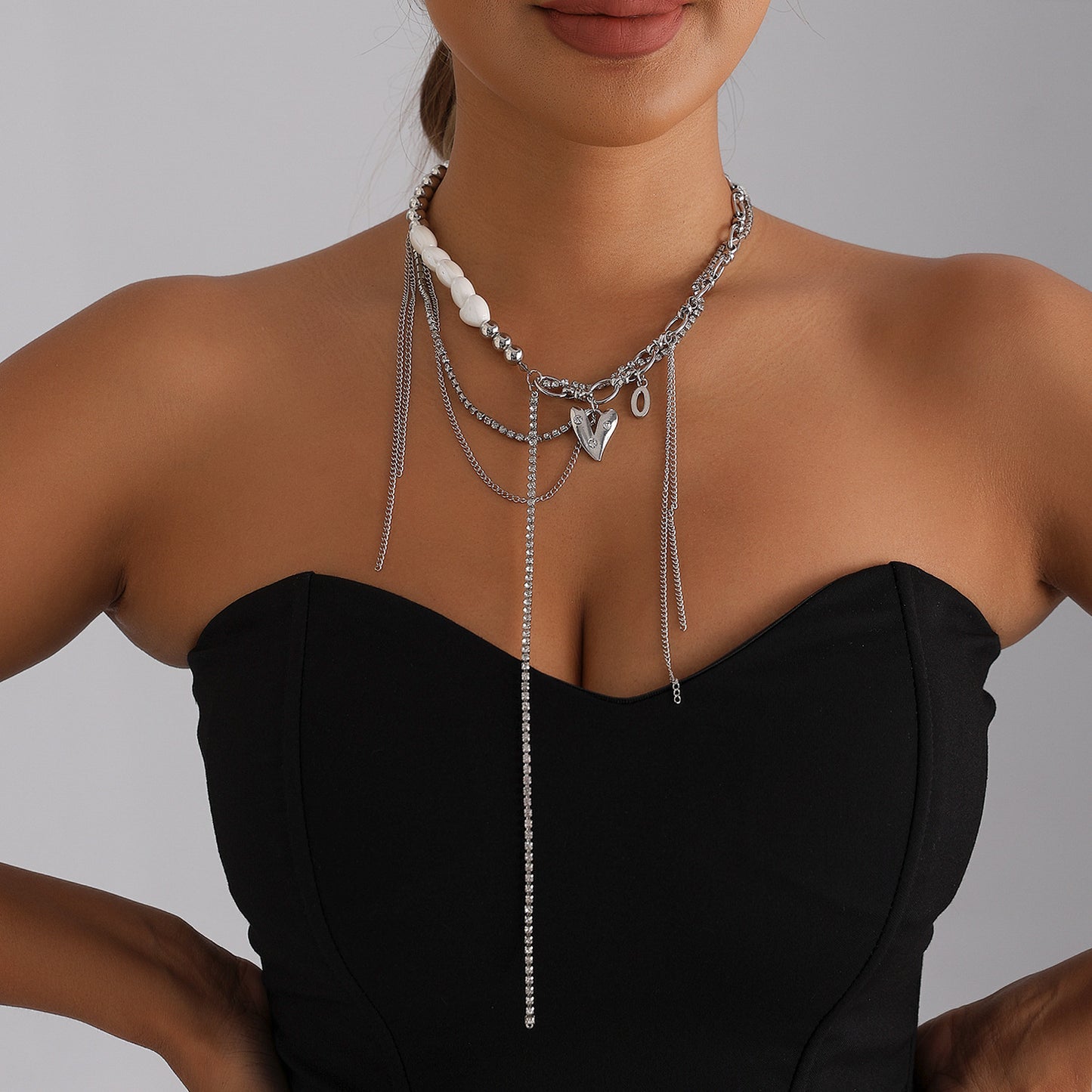 Streetwear Heart Geometric Ceramic Plated Alloy Rhinestone Necklace for Women