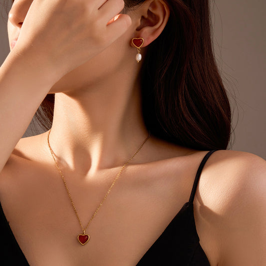 Vintage Heart-Shaped Stainless Steel Pendant Necklace with Red Agate and Natural Pearl Accents, Matching Earrings Set for Women