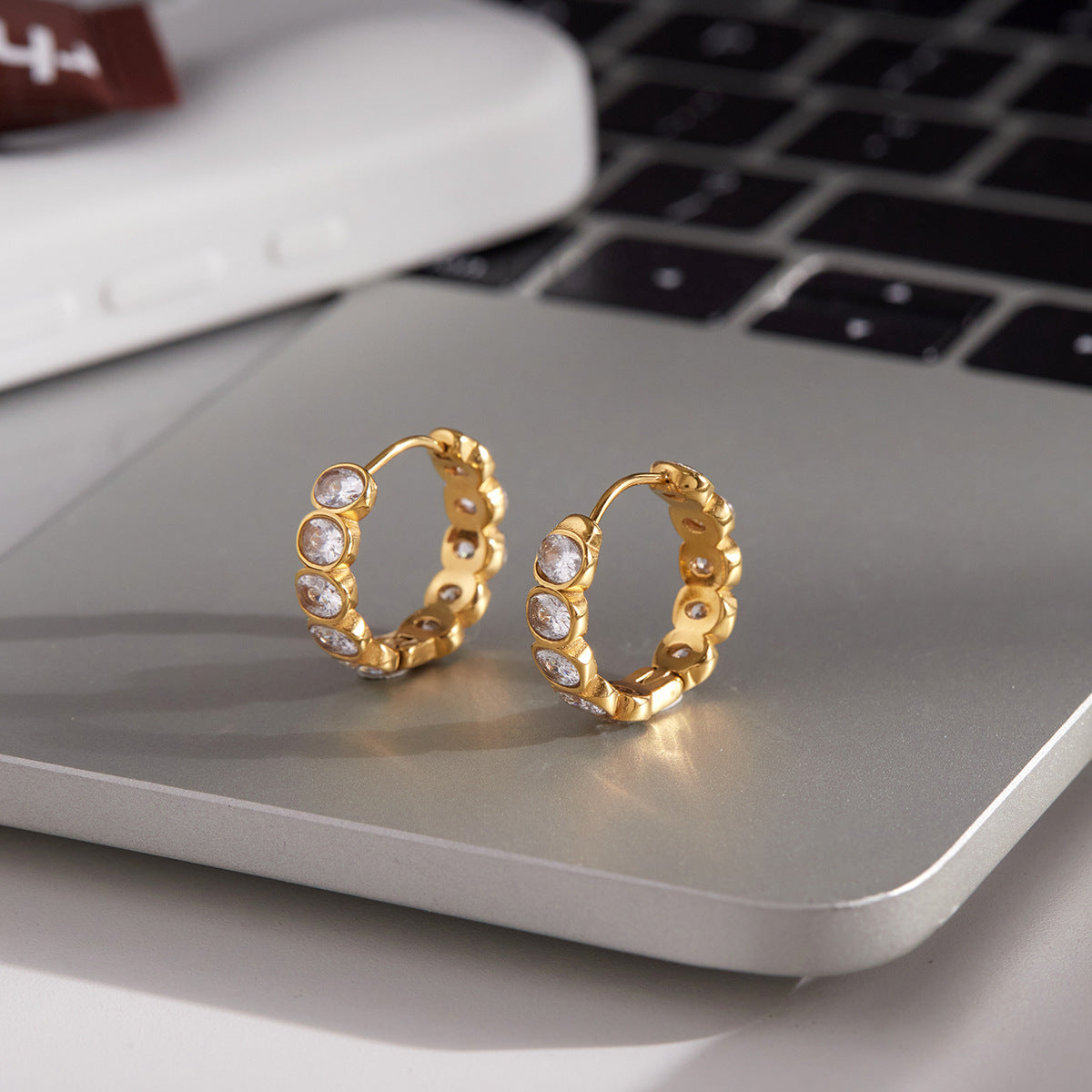 Elegant Geometric Stainless Steel Hoop Earrings with Cubic Zirconia 18K Gold Plated for Women