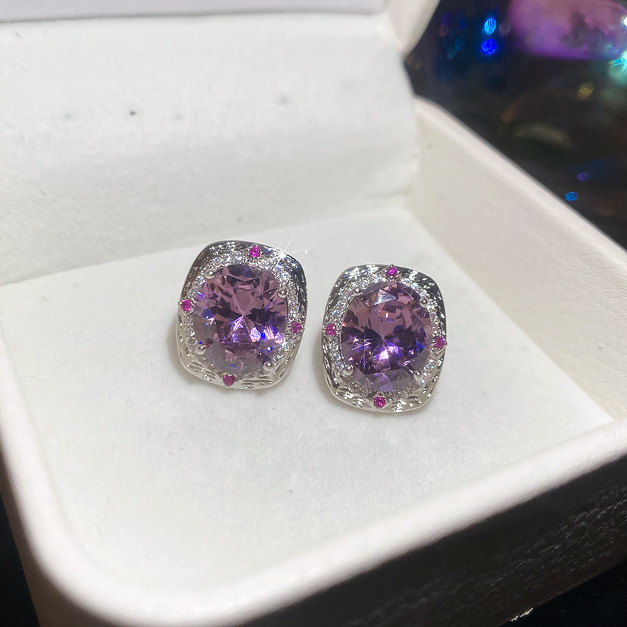 Elegante conjunto de pendientes y anillo de cobre con circonitas ovaladas para mujer, con estampado floral y estilo de lujo minimalista a la moda
