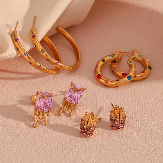Aretes de tuerca cuadrados de lava con diseño geométrico de acero inoxidable a la moda para mujer, con chapado en oro de 18 quilates y circonitas de colores microengarzadas