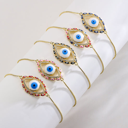 Bohemian Style Evil Eye Charm Bracelet for Women with Copper Base Plated in Real Gold and Zircon Inlay