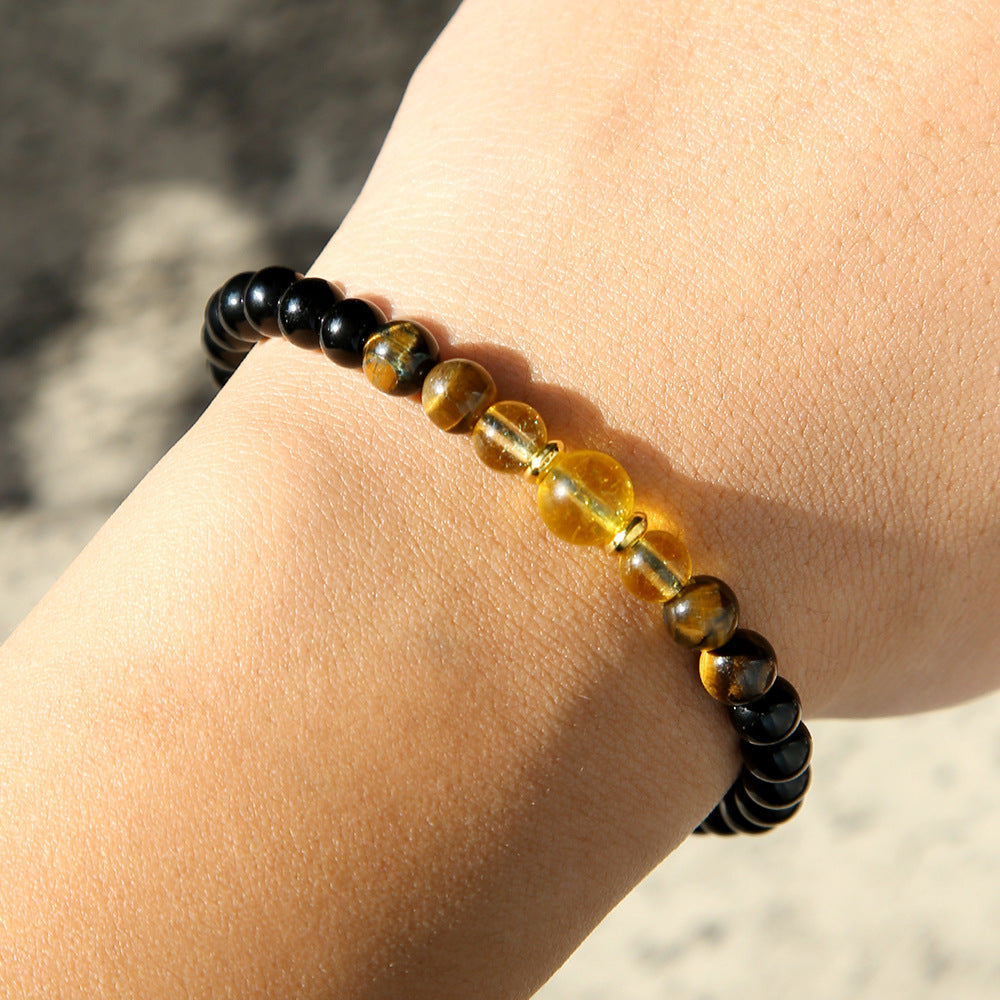 Vintage Bohemian Geometric Black Agate Yellow Crystal Tiger Eye Beaded Energy Bracelet for Unisex