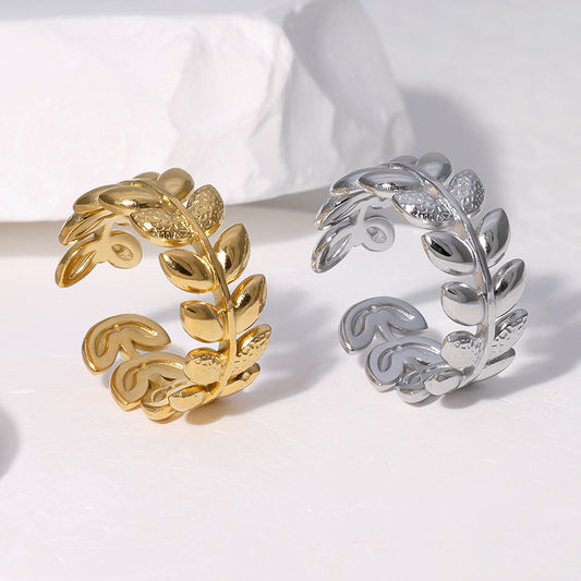 Minimalist Leaf-Shaped Stainless Steel Adjustable Open Ring with 18K Gold Plating for Women