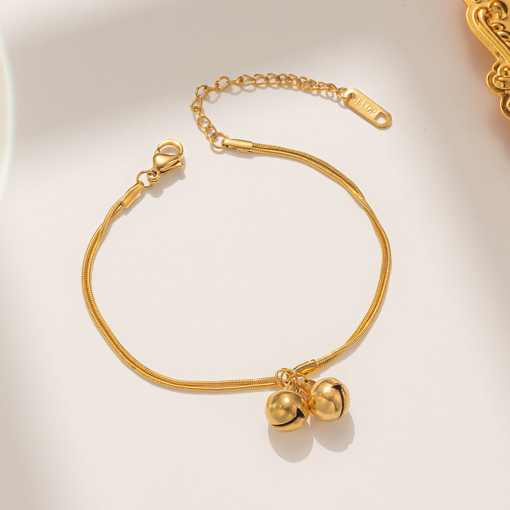 Minimalist Cute Double-Layer Snake Chain Bracelet for Women in Titanium Steel with Gold Plating and Geometric Bell Charms