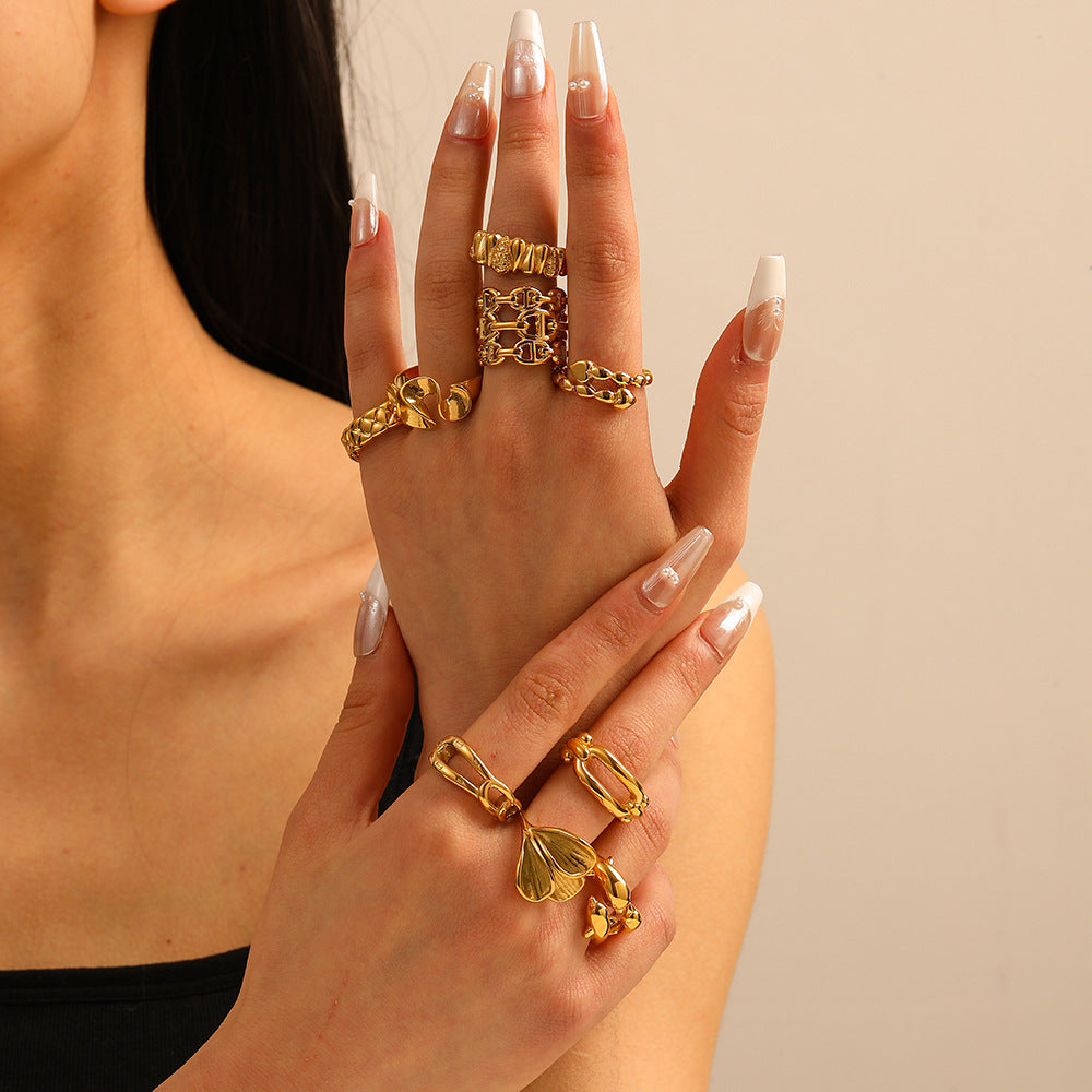 Geometric Wave Leaf Shaped Stainless Steel Plated Gold Ring with Textured Ruffled Asymmetrical Design for Women and Men
