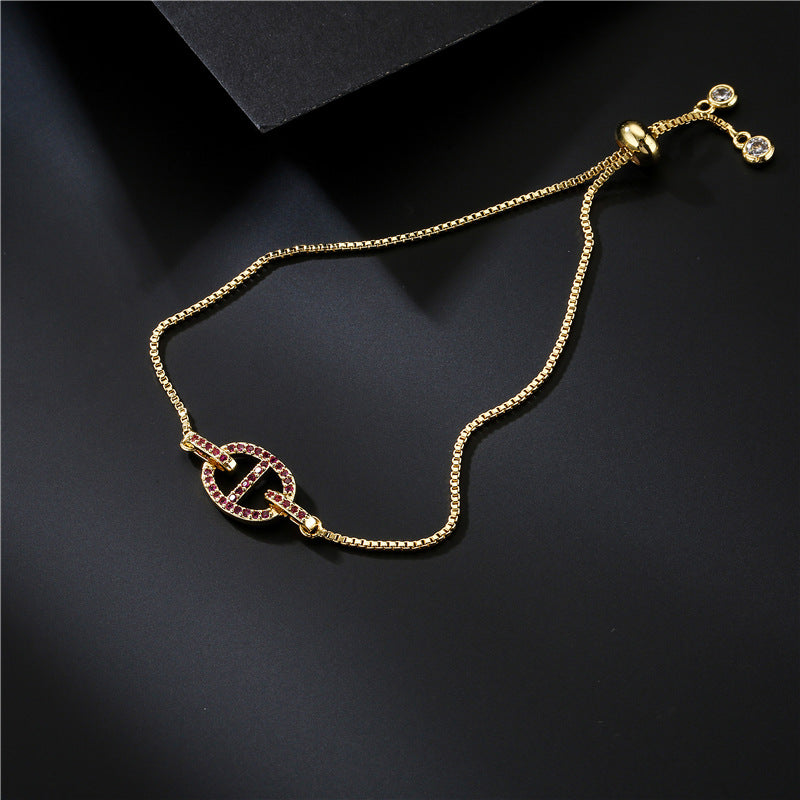 Micro-Paved Cubic Zirconia Geometric Pig Nose Brass Box Chain Bracelet for Women