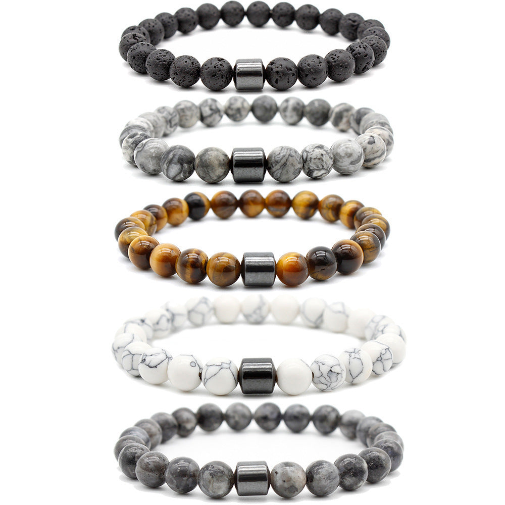 Geometric Agate Beaded Bracelet with Floral Pattern Unisex Natural Stone Jewelry