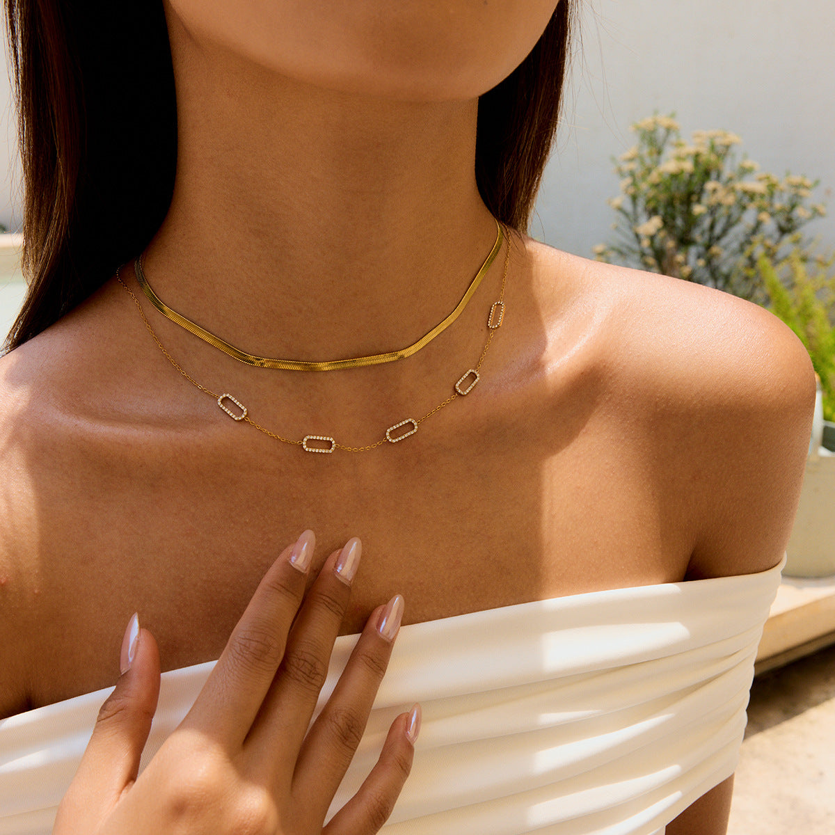 Collana geometrica in acciaio inossidabile con strass, placcata, da donna, elegante, a catena per clavicola