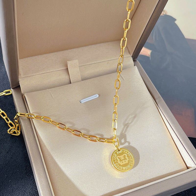 Collana con Pendente a Forma di Tigre in Acciaio al Titanio con Placcatura in Oro, Stile Medaglione, per Donne e Uomini, Catena per Clavicole
