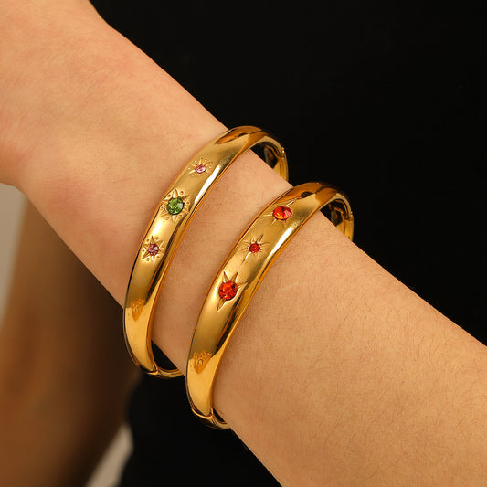 Vintage Style Geometric Stainless Steel Bracelet with 18K Gold Plating and Zircon Inlay for Women