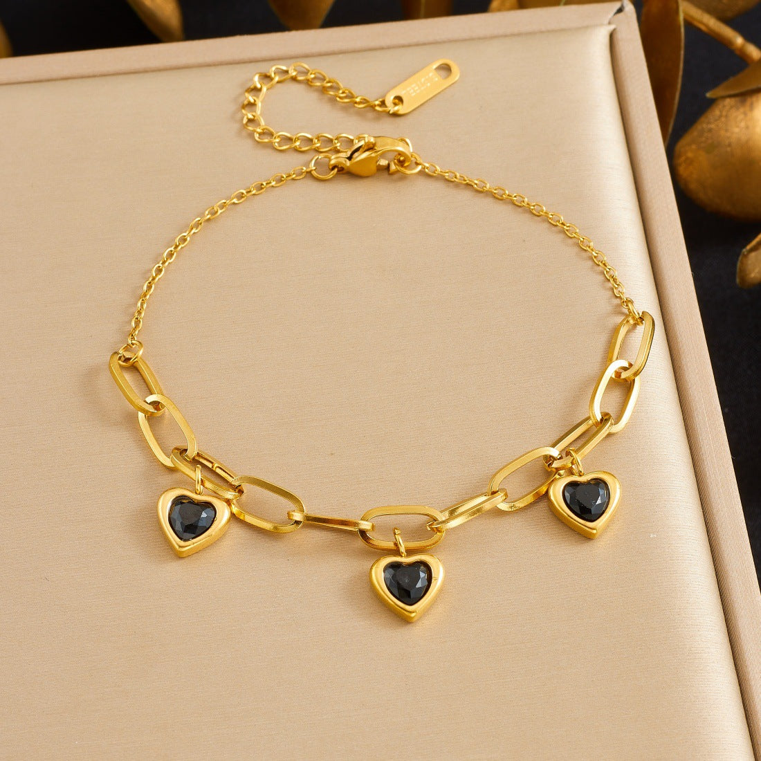 Minimalist Gold Plated Stainless Steel Heart Rhinestone Asymmetric Chain Bracelet for Women
