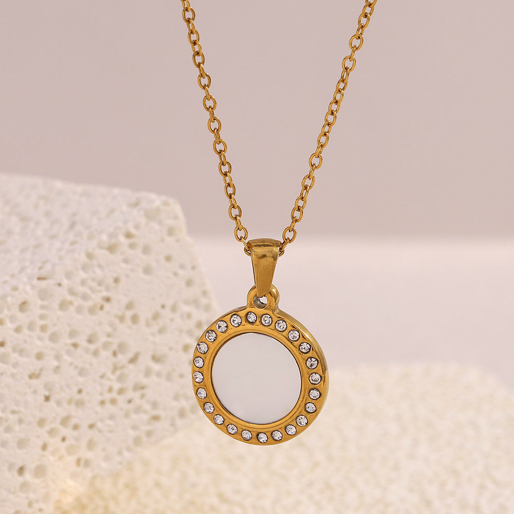 Elegant Geometric Stainless Steel 18K Gold Plated Shell Pendant Necklace with Rhinestones for Women
