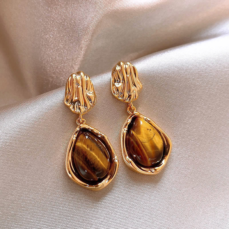 Pendientes de tuerca geométricos de ojo de tigre chapados en bronce mate para mujer, joyería de lujo minimalista artística vintage