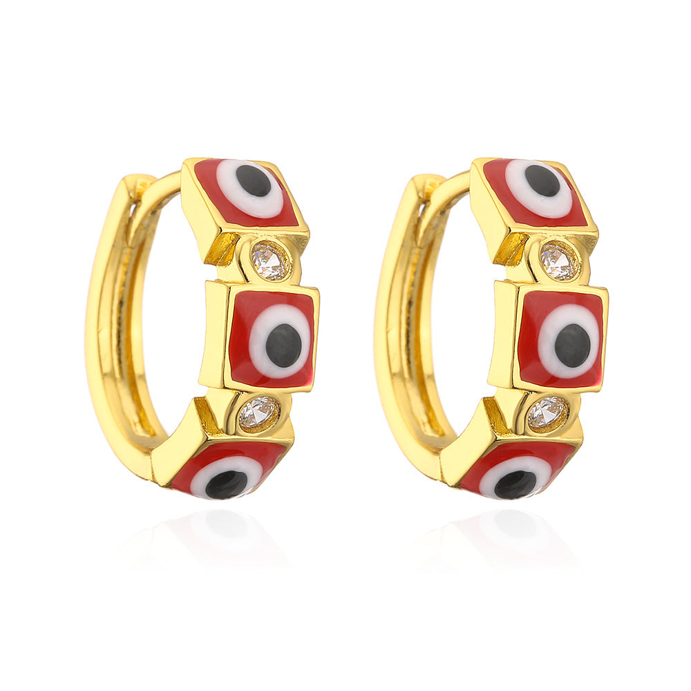 Orecchini a Cerchio Geometrici Color Rame in Stile Vintage con Placcatura in Oro 18K e Dettaglio Occhio Smaltato da Donna