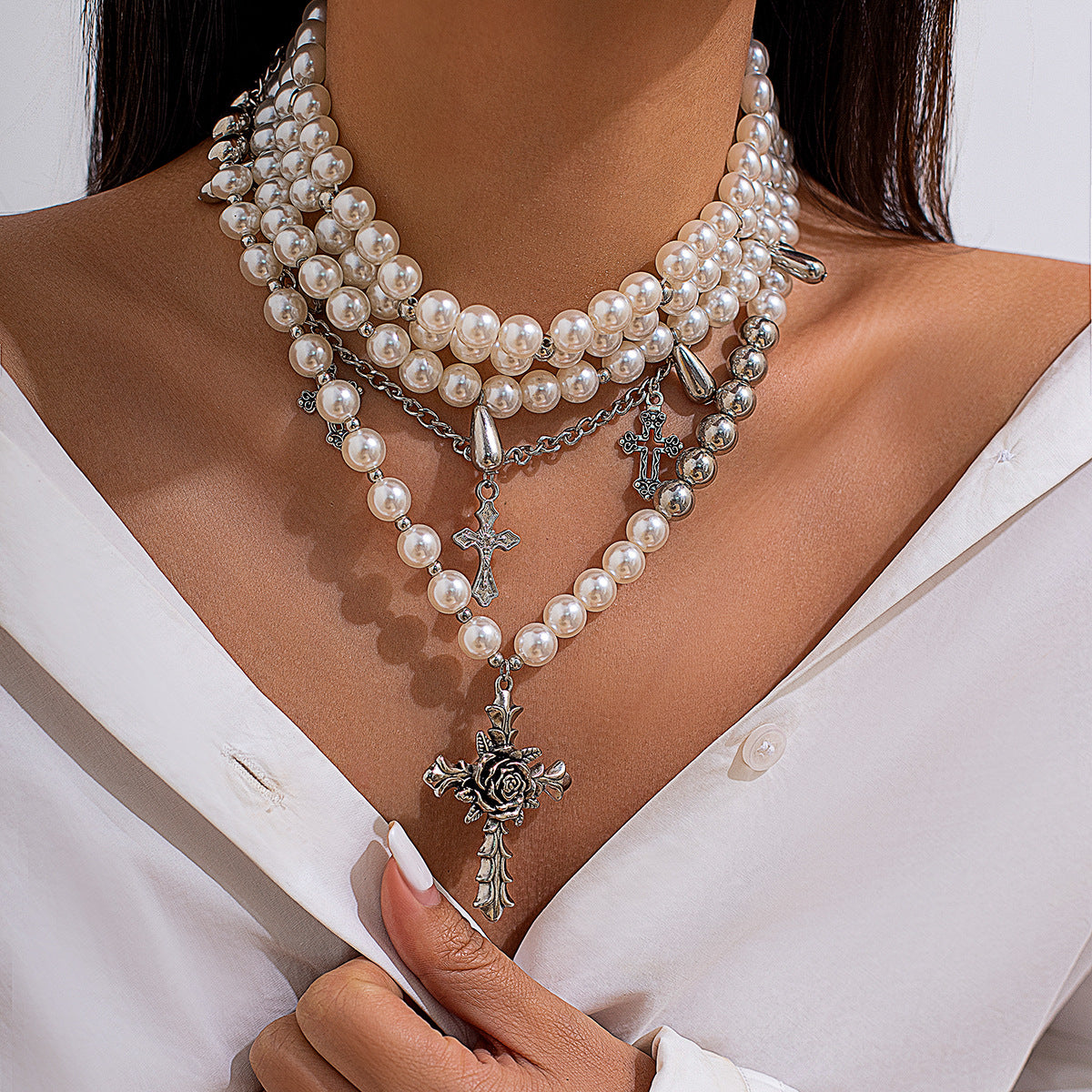 Exaggerated Thorny Rose Cross Pendant Necklace for Women with Alloy Pendant and Imitation Pearl Beads on Ball Chain