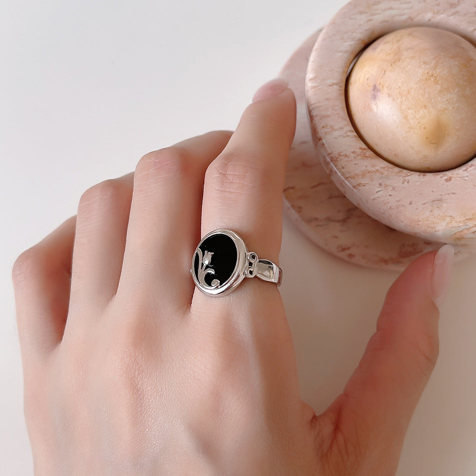 Sweet 925 Sterling Silver Adjustable Black Agate Flower Ring for Women