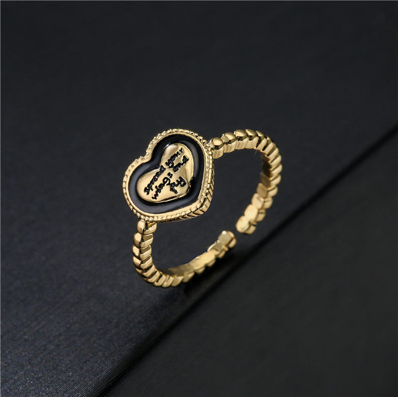 Vintage Bohemian Heart Geometric Micro-inlay Brass Ring for Women