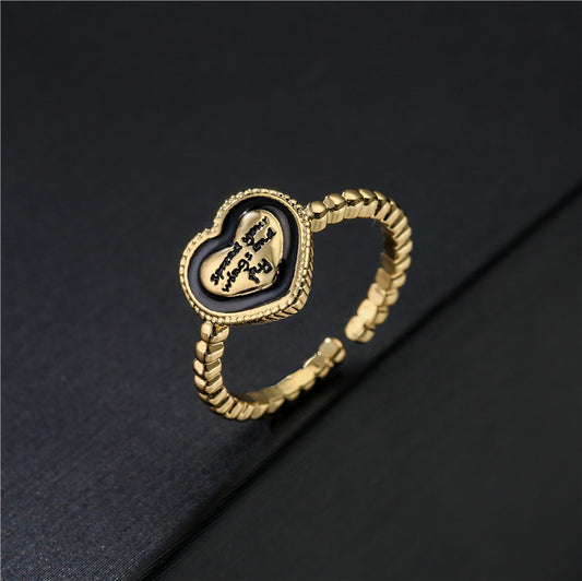 Vintage Bohemian Heart Geometric Micro-inlay Brass Ring for Women