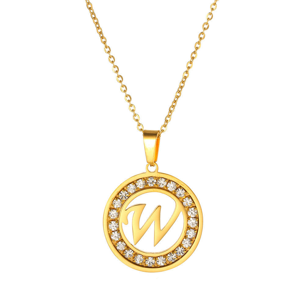 Minimalist Gold Plated Round Letter Rhinestone Inlay Pendant Necklace Titanium Steel Cable Chain
