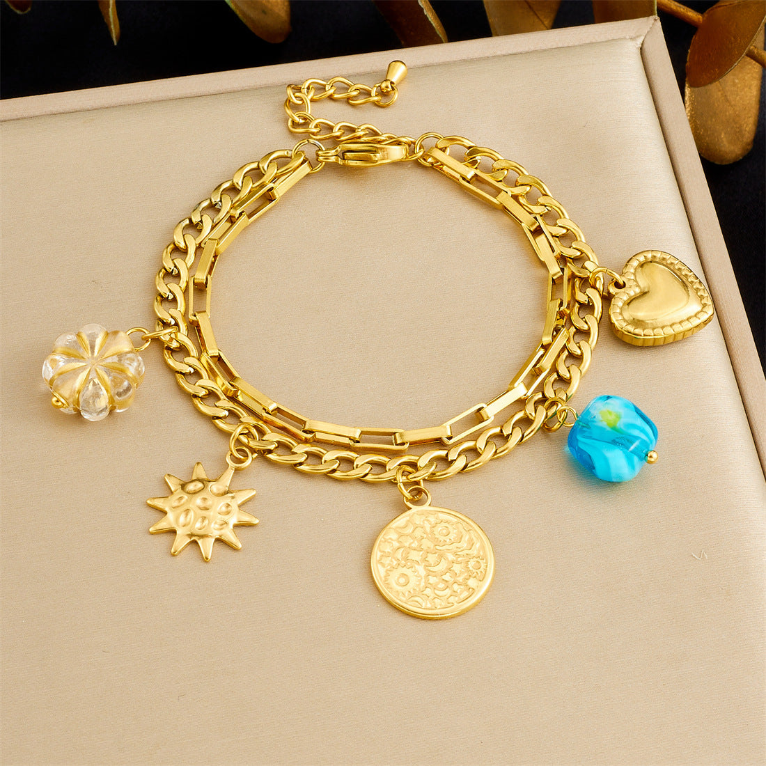 Minimalist Elegant Floral Heart Geometric Plated Stainless Steel Double Layer Bracelet for Women